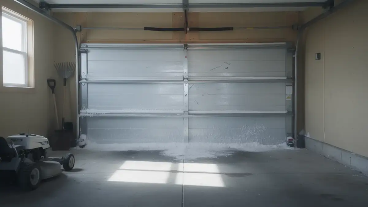 A white garage door has ice and snow on the bottom panels and floor.