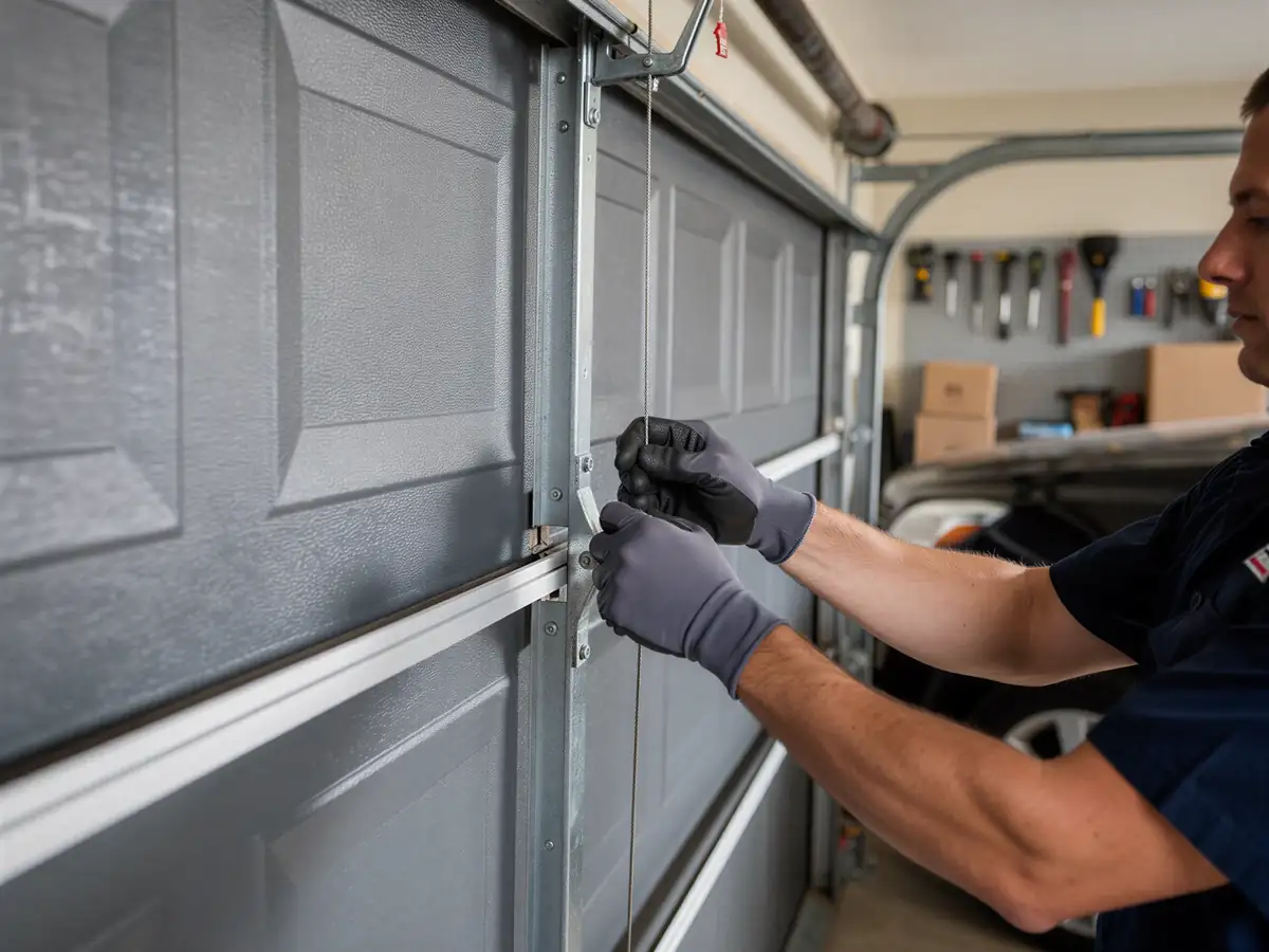 A technician wearing gloves works on a gray garage door.