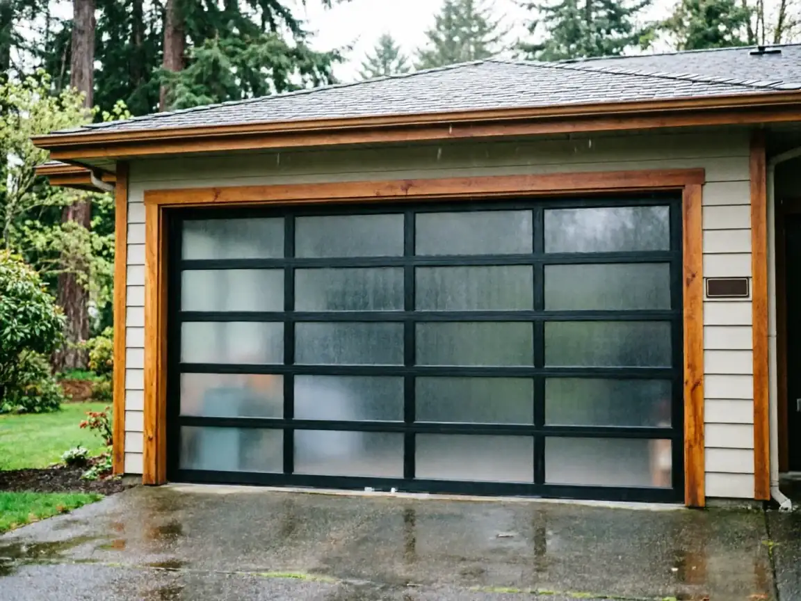 A modern black garage door with frosted glass panels on a house.