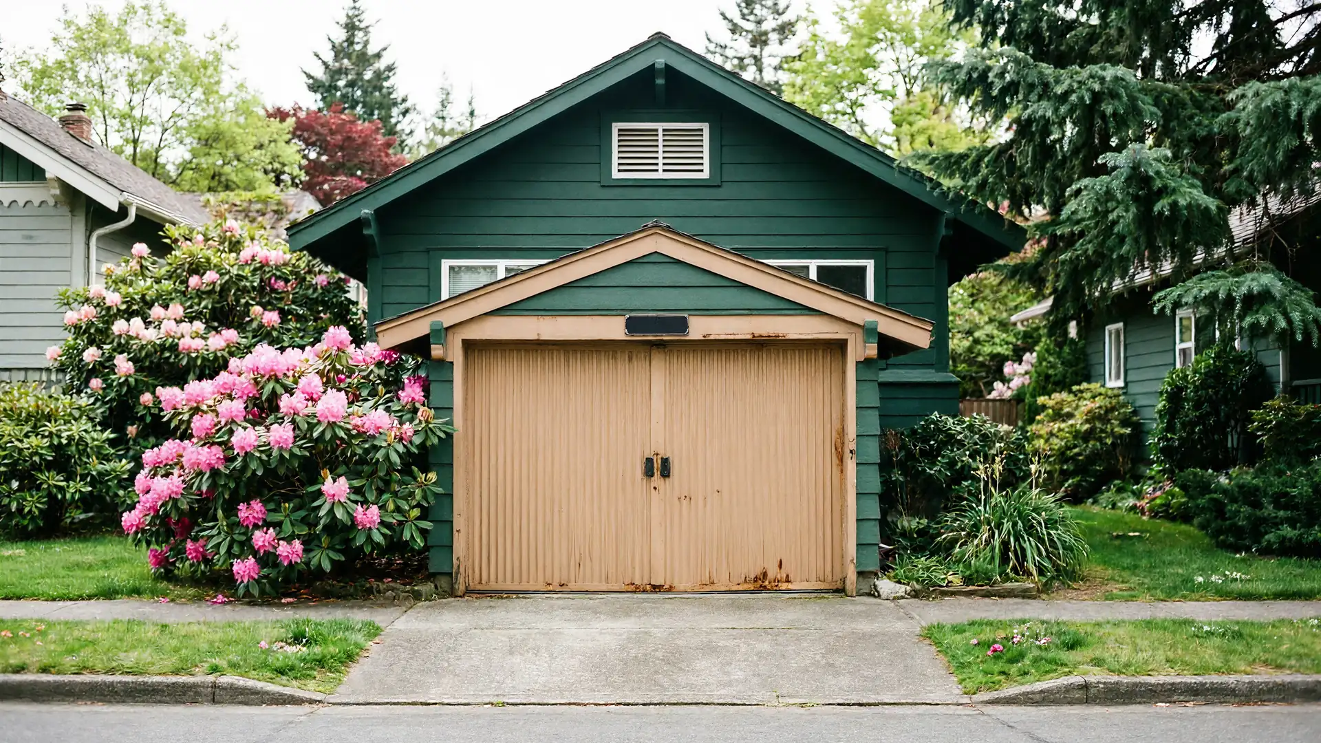 A dark green garage with a light brown two-door garage door and pink flowers.