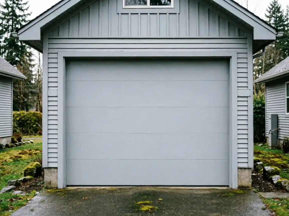 A light gray garage door is centered on a gray house with green grass.