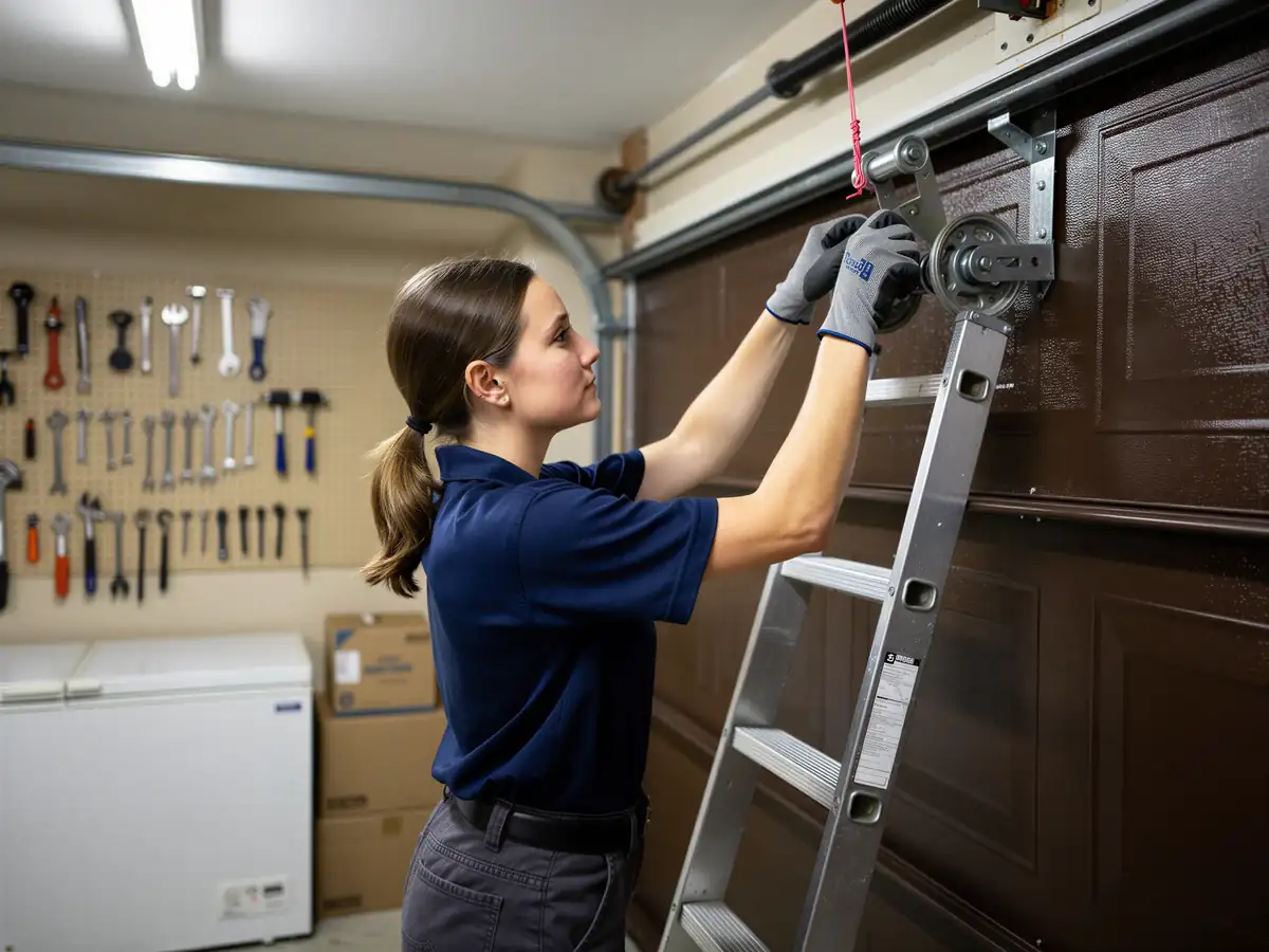 A technician on a ladder adjusts the top roller of a brown garage door.